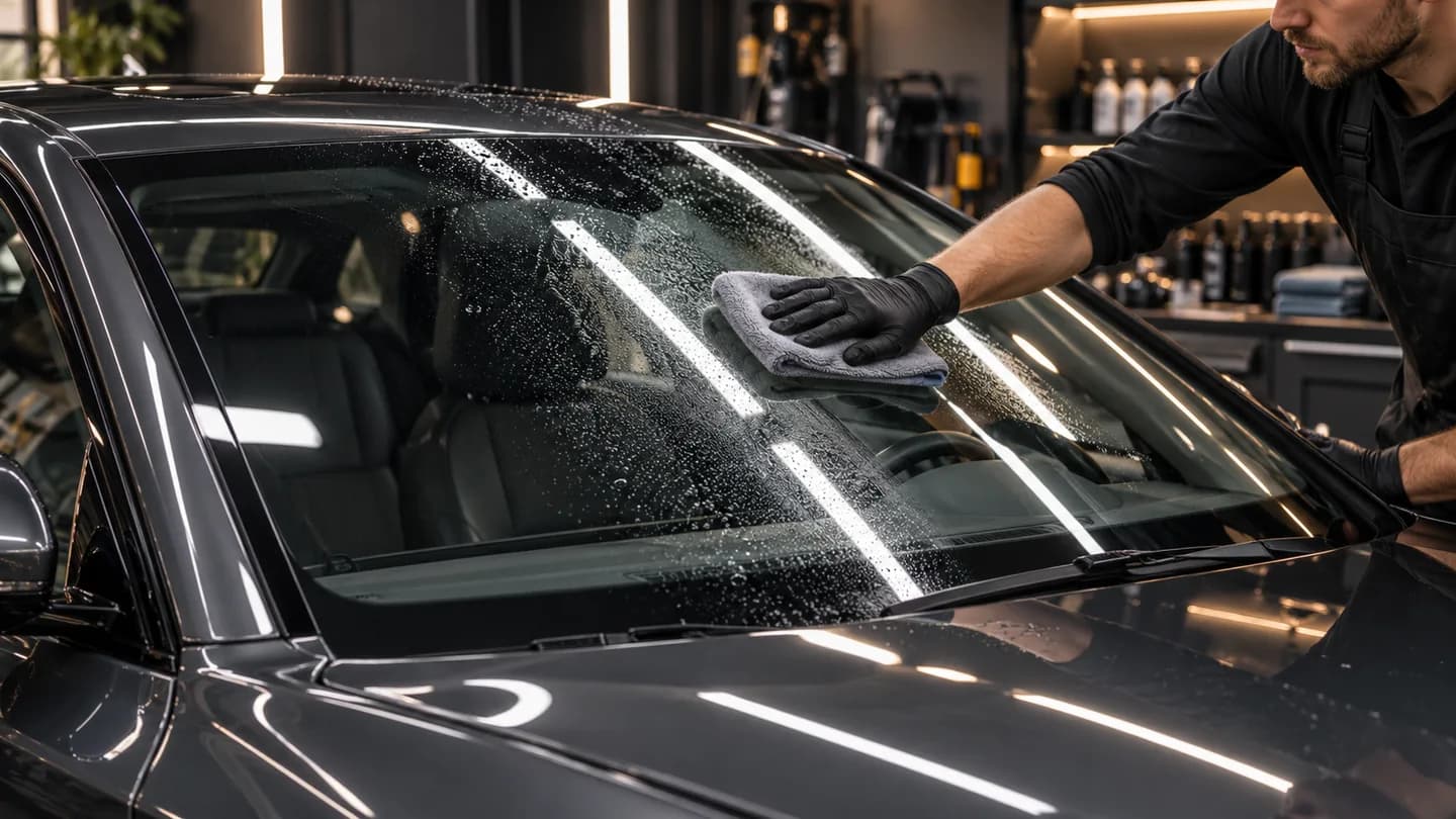 Detailer przeciera mokrą przednią szybę samochodu czystą mikrofibrą