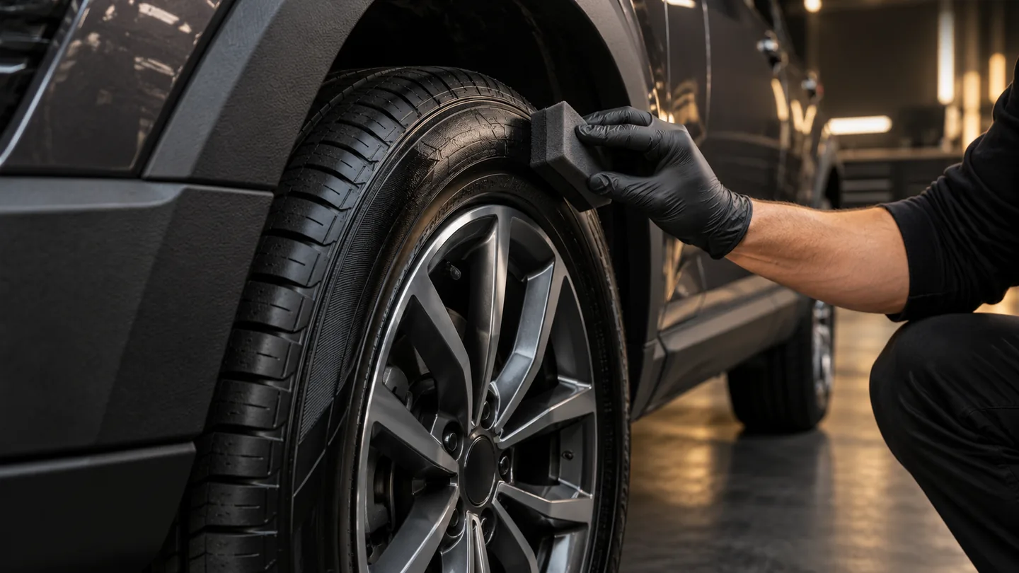 Detailer nakłada cienką warstwę dressingu na bok czystej opony
